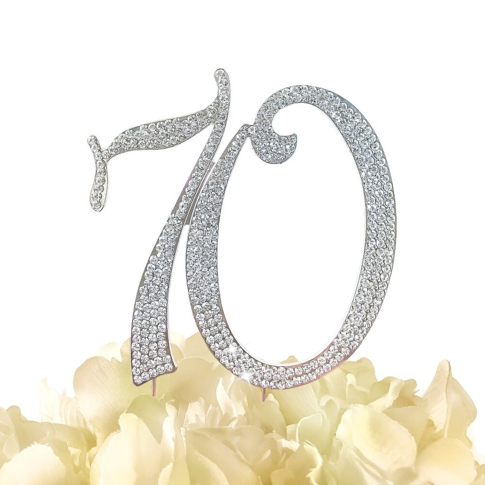 Rhinestone Cake Topper - Number 70 - Silver Metal with Czech Rhinestones